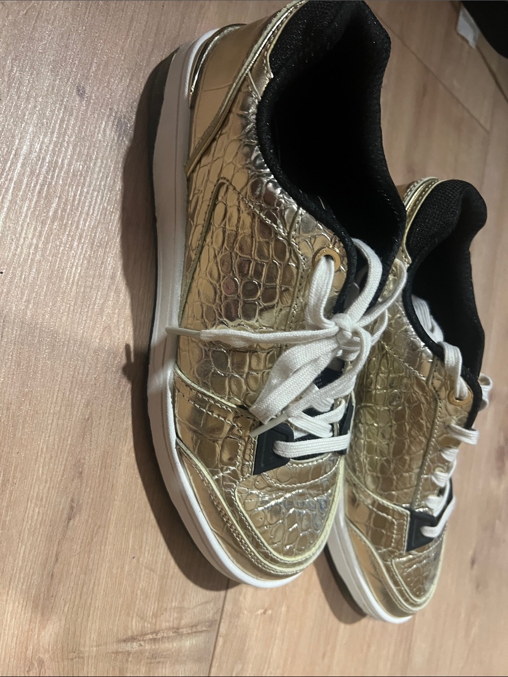 MICHAEL Michael Kors Gold Croc-Embossed Lace-Up Sneakers with Black Lining